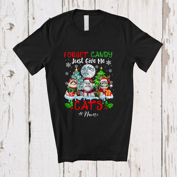 MacnyStore - Personalized Custom Name Forget Candy Give Me Cats; Lovely Christmas Three Cat Santa Elf T-Shirt