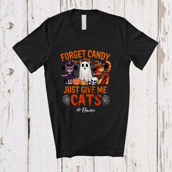 MacnyStore - Personalized Custom Name Forget Candy Give Me Cats; Lovely Halloween Three Cat Boo Witch T-Shirt