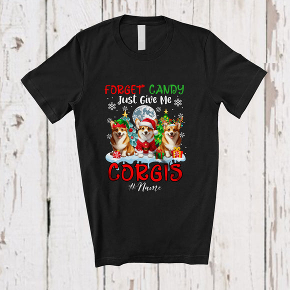 MacnyStore - Personalized Custom Name Forget Candy Give Me Corgis; Lovely Christmas Three Corgis Santa Elf T-Shirt