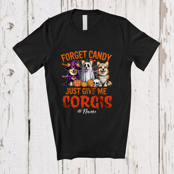 MacnyStore - Personalized Custom Name Forget Candy Give Me Corgis; Lovely Halloween Three Corgis Boo Witch T-Shirt