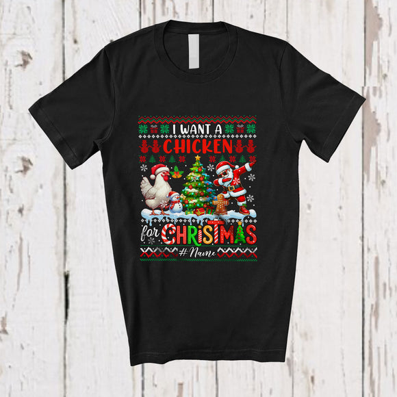 MacnyStore - Personalized Custom Name I Want A Chicken For Christmas; Cheerful Sweater Dabbing Santa T-Shirt