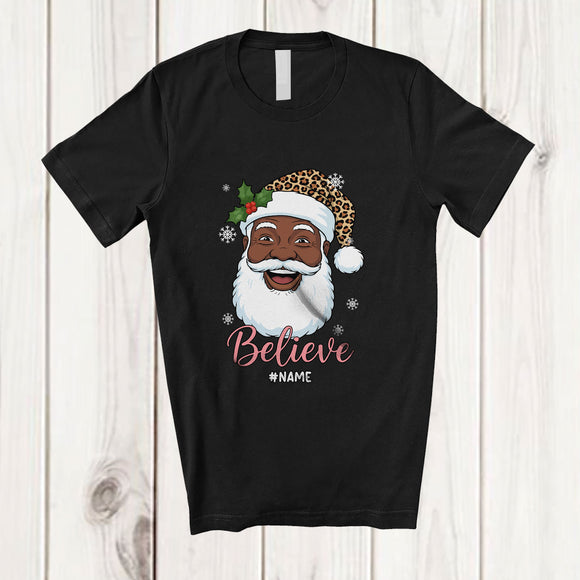 MacnyStore - Personalized Custom Name Believe; Awesome Christmas Leopard Black Afro Santa Face; Pajama Family T-Shirt