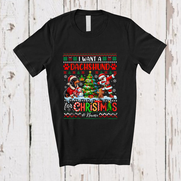 MacnyStore - Personalized Custom Name I Want A Dachshund For Christmas; Cheerful Sweater Dabbing Santa T-Shirt