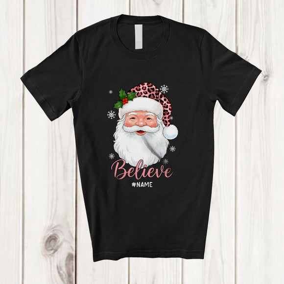 MacnyStore - Personalized Custom Name Believe; Awesome Christmas Leopard Pink Santa Face; Pajama Family T-Shirt