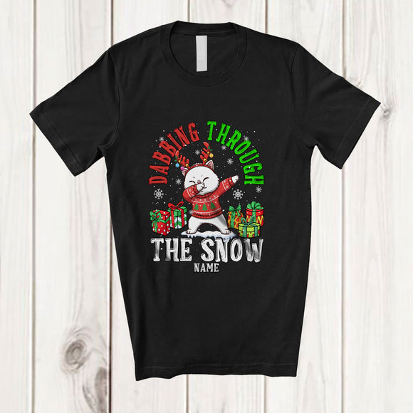 MacnyStore - Personalized Custom Name Dabbing Through The Snow; Cheerful Christmas Reindeer Cat Owner T-Shirt
