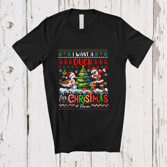 MacnyStore - Personalized Custom Name I Want A Duck For Christmas; Cheerful Sweater Dabbing Santa T-Shirt