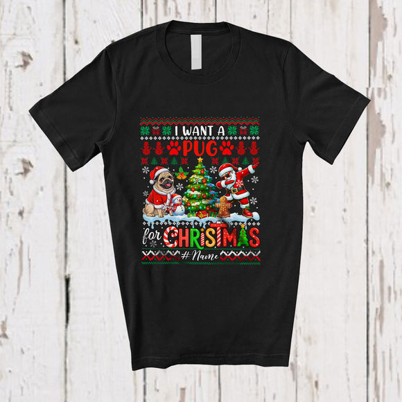 MacnyStore - Personalized Custom Name I Want A Pug For Christmas; Cheerful Sweater Dabbing Santa T-Shirt