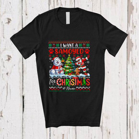 MacnyStore - Personalized Custom Name I Want A Samoyed For Christmas; Cheerful Sweater Dabbing Santa T-Shirt