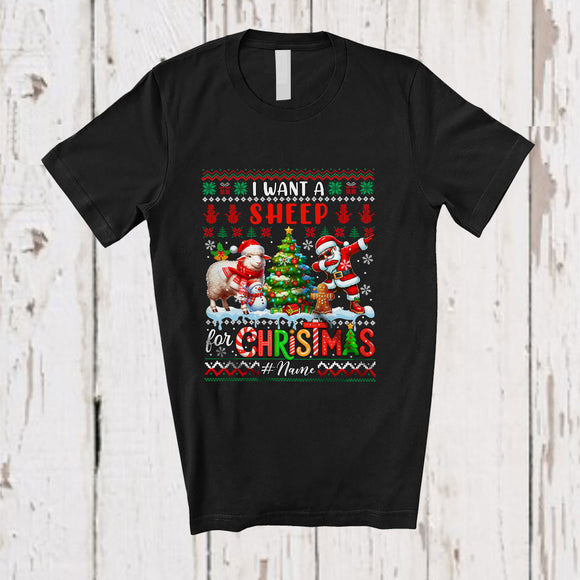 MacnyStore - Personalized Custom Name I Want A Sheep For Christmas; Cheerful Sweater Dabbing Santa T-Shirt