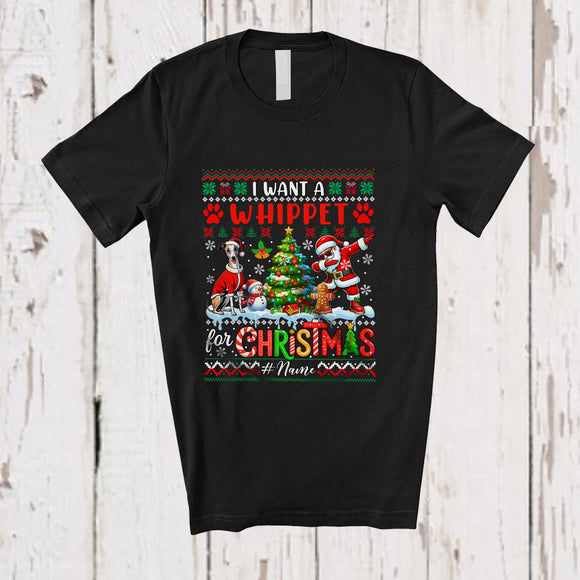 MacnyStore - Personalized Custom Name I Want A Whippet For Christmas; Cheerful Sweater Dabbing Santa T-Shirt