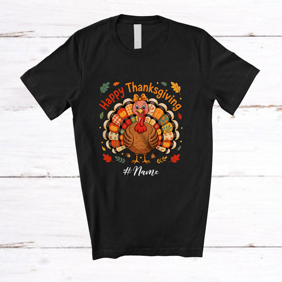 MacnyStore - Personalized Custom Name Happy Thanksgiving; Lovely Floral Fall Plaid Turkey Coquette Bow; Family T-Shirt