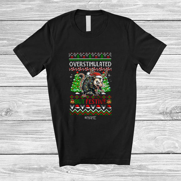 MacnyStore - Personalized Custom Name Overstimulated But Festive; Merry Christmas Sweater Santa Opossum Feral T-Shirt