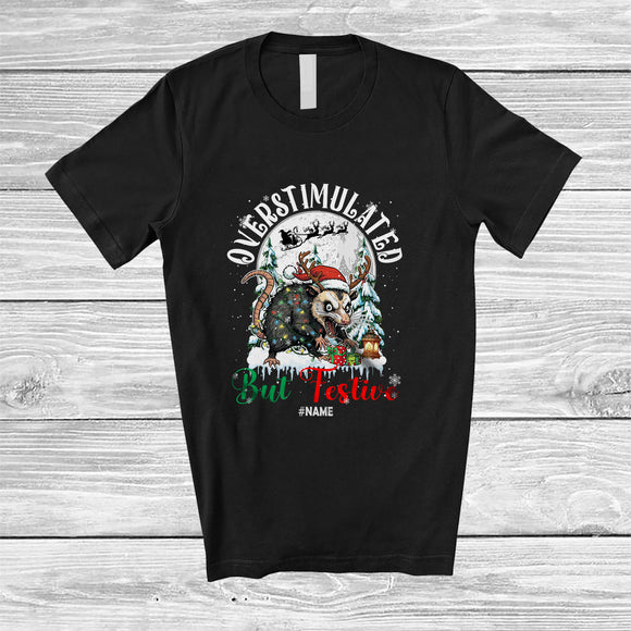 MacnyStore - Personalized Custom Name Overstimulated But Festive; Merry Christmas Santa Opossum Feral Animal T-Shirt