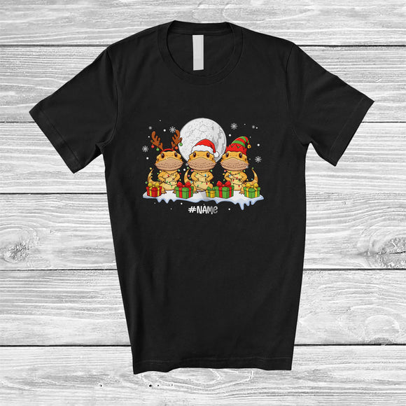 MacnyStore - Personalized Custom Name Three Santa Elf Bearded Dragon; Amusing Christmas Moon Snowing Animal T-Shirt