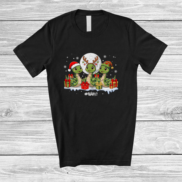 MacnyStore - Personalized Custom Name Three Santa Elf Snake; Amusing Christmas Moon Snowing Animal T-Shirt