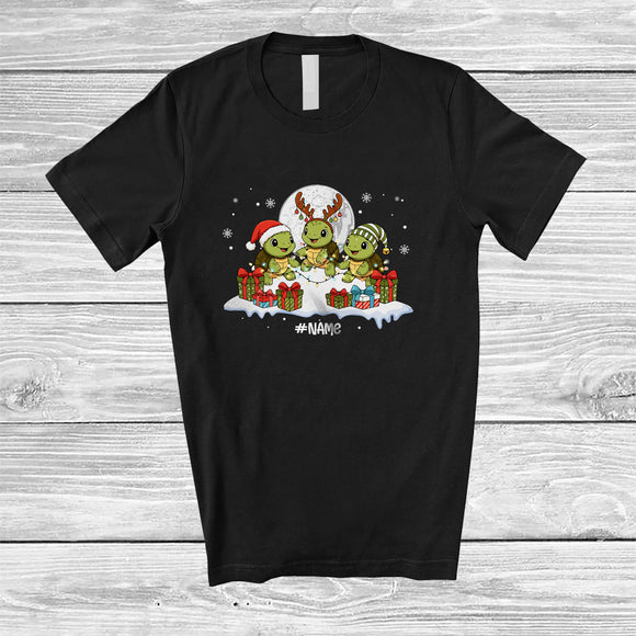 MacnyStore - Personalized Custom Name Three Santa Elf Turtle; Amusing Christmas Moon Snowing Animal T-Shirt