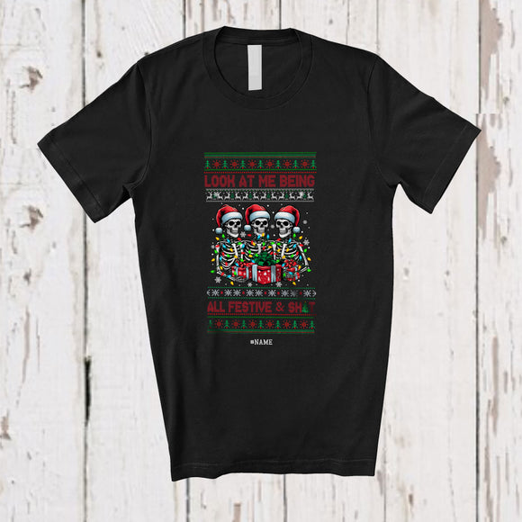 MacnyStore - Personalized Custom Name Look At Me Being All Festive; Joyful Christmas Sweater Three Santa Skeletons T-Shirt