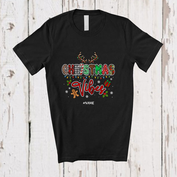 MacnyStore - Personalized Custom Name Christmas Vibes; Lovely Lights Reindeer Gingerbread Leopard Plaid T-Shirt