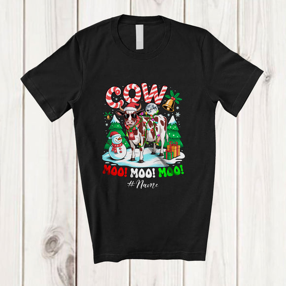 MacnyStore - Personalized Custom Name Cow Moo; Amazing Christmas Lights Santa Cow Snowman; Farm Farmer T-Shirt