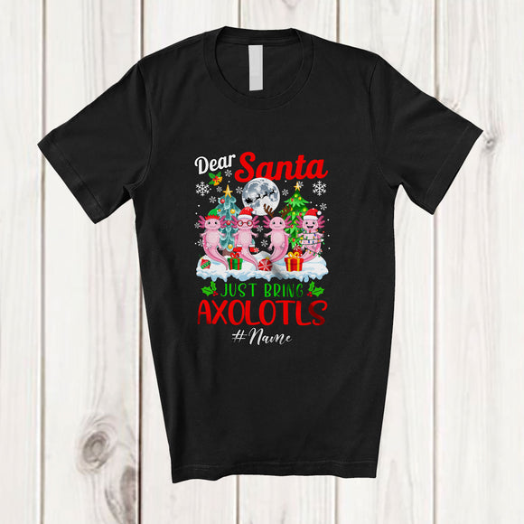 MacnyStore - Personalized Custom Name Santa Just Bring Axolotls; Joyful Christmas Moon Trees Four Animals T-Shirt