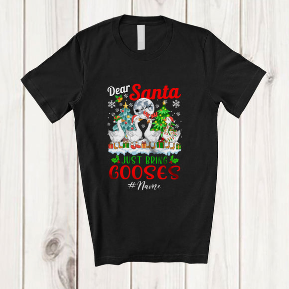 MacnyStore - Personalized Custom Name Santa Just Bring Gooses; Joyful Christmas Moon Trees Four Animals T-Shirt