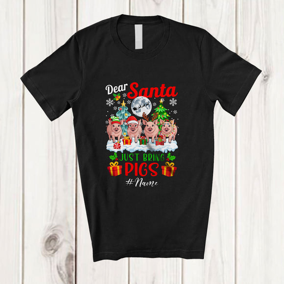 MacnyStore - Personalized Custom Name Santa Just Bring Pigs; Joyful Christmas Moon Trees Four Animals T-Shirt