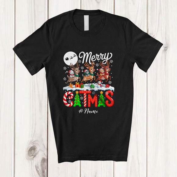 MacnyStore - Personalized Custom Name Happy Catsmas; Lovely Christmas Three Cats Riding Reindeer T-Shirt