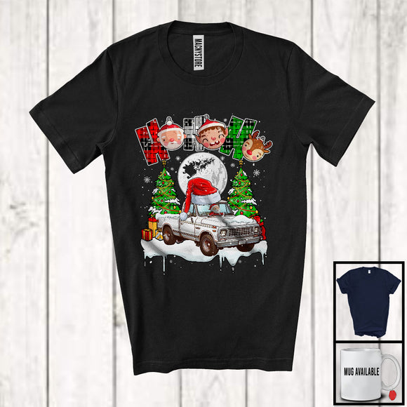 MacnyStore - 3Ho; Amazing Christmas Plaid Santa Driving Pickup Truck Driver; X-mas Moon Tree Snowing T-Shirt