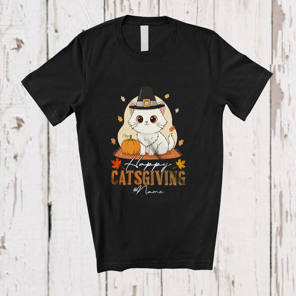MacnyStore - Personalized Custom Name Happy Catsgiving; Adorable Thanksgiving Pilgrim Cat Owner Pumpkin T-Shirt