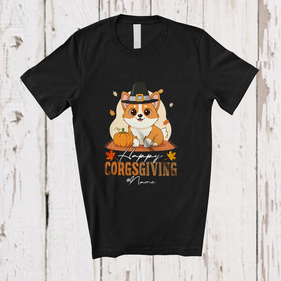 MacnyStore - Personalized Custom Name Happy Corgsgiving; Adorable Thanksgiving Pilgrim Corgi Owner Pumpkin T-Shirt