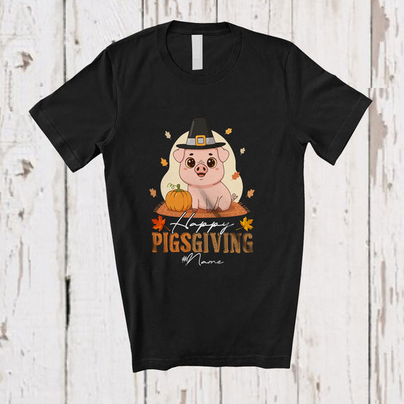 MacnyStore - Personalized Custom Name Happy Pigsgiving; Adorable Thanksgiving Pilgrim Pig Farm Farmer Pumpkin T-Shirt