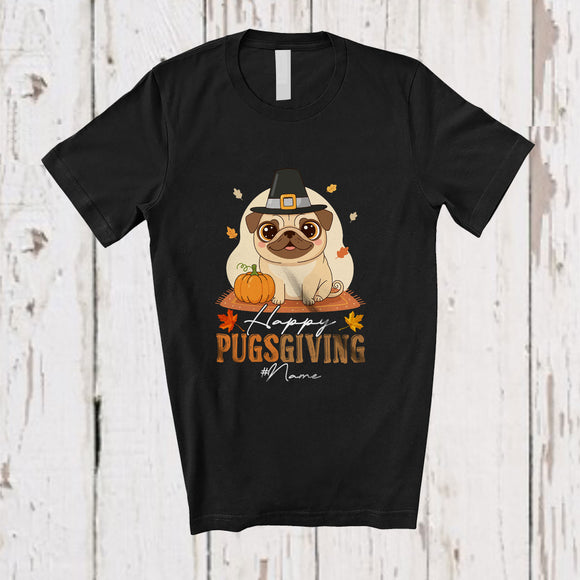 MacnyStore - Personalized Custom Name Happy Pugsgiving; Adorable Thanksgiving Pilgrim Pug Owner Pumpkin T-Shirt