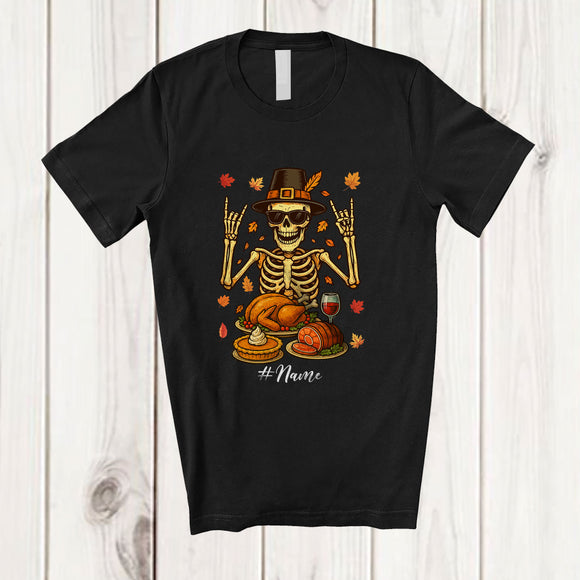 MacnyStore - Personalized Custom Name Pilgrim Skeleton With Pumpkin Turkey; Joyful Thanksgiving Dinner Family T-Shirt