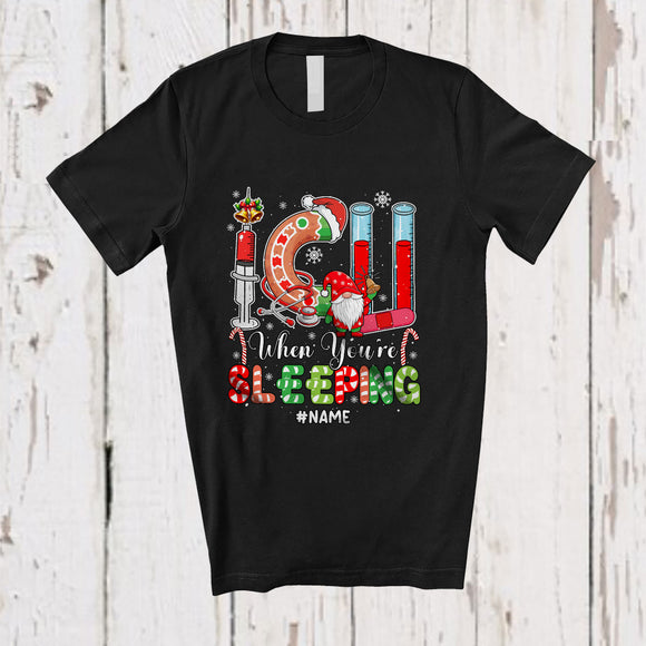MacnyStore - Personalized Custom Name I.C.U When You're Sleeping; Humorous Christmas Snowing Gnome Nurse T-Shirt