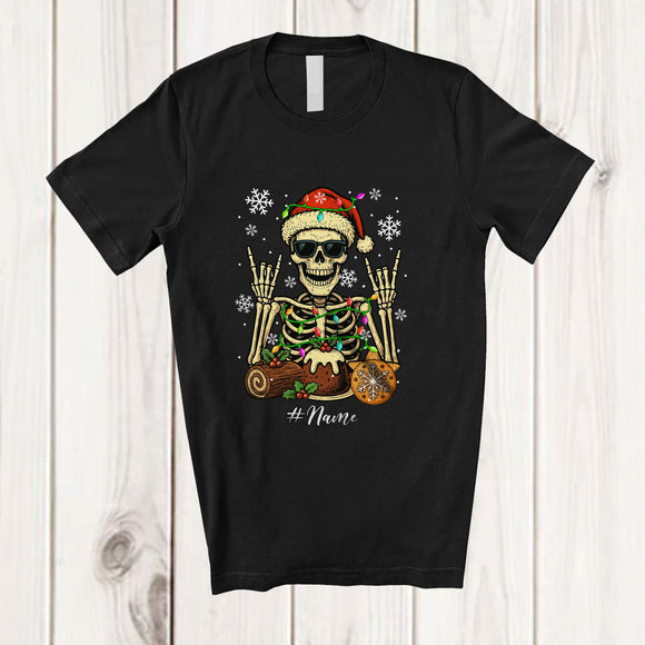 MacnyStore - Personalized Custom Name Santa Skeleton With Cookies Cake; Cheerful Christmas Dinner Family T-Shirt