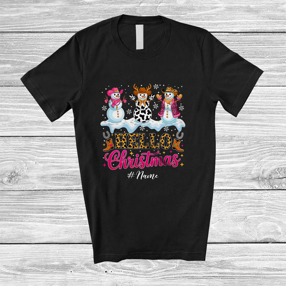 MacnyStore - Personalized Custom Name Hello Christmas; Joyful X-mas Three Cowgirl Snowman Pink Leopard T-Shirt