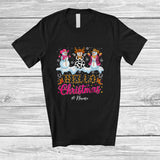 MacnyStore - Personalized Custom Name Hello Christmas; Joyful X-mas Three Cowgirl Snowman Pink Leopard T-Shirt
