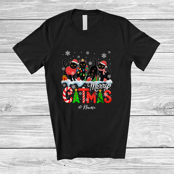 MacnyStore - Personalized Custom Name Merry Catmas; Adorable Christmas Four Santa Black Cats Owner T-Shirt