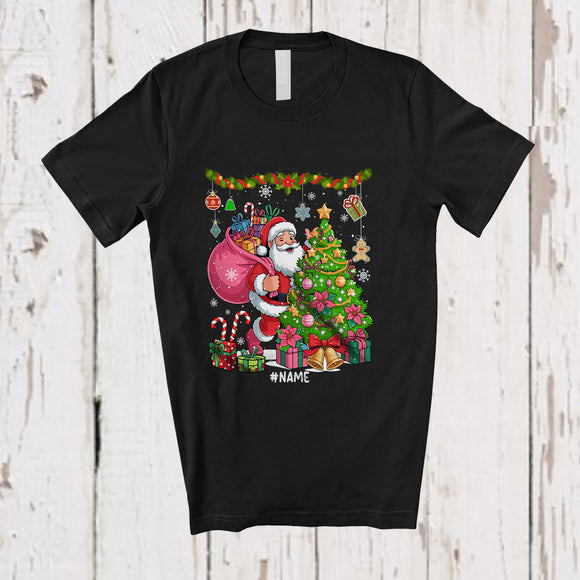 MacnyStore - Personalized Custom Name Pink Santa With Christmas Tree; Lovely X-mas Girl Women Family T-Shirt
