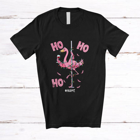 MacnyStore - Personalized Custom Name 3Ho; Sarcastic Christmas Lights Flamingo Dancing Dancer Drinking Wine T-Shirt