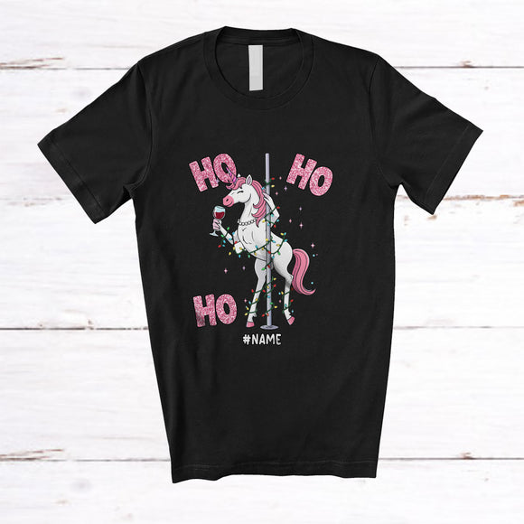 MacnyStore - Personalized Custom Name 3Ho; Sarcastic Christmas Lights Unicorn Dancing Dancer Drinking Wine T-Shirt