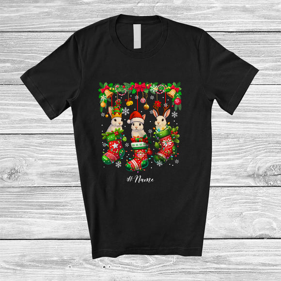 MacnyStore - Personalized Custom Name Three Rabbit In Christmas Socks; Amusing X-mas Lights Animal Lover T-Shirt