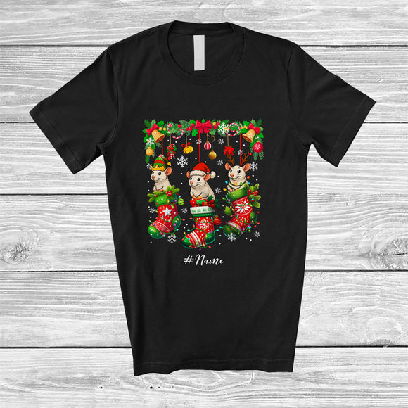 MacnyStore - Personalized Custom Name Three Rat In Christmas Socks; Amusing X-mas Lights Animal Lover T-Shirt