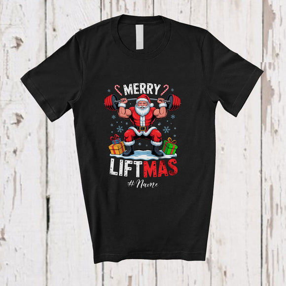 MacnyStore - Personalized Custom Name Merry Liftmas; Humorous Christmas Santa Weightlifting Workout T-Shirt