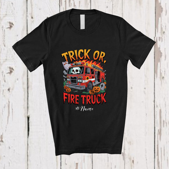 MacnyStore - Personalized Custom Name Trick Or Fire Truck; Horror Halloween Costume Firetruck Firefighter Skull T-Shirt