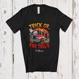 MacnyStore - Personalized Custom Name Trick Or Fire Truck; Horror Halloween Costume Firetruck Firefighter Skull T-Shirt