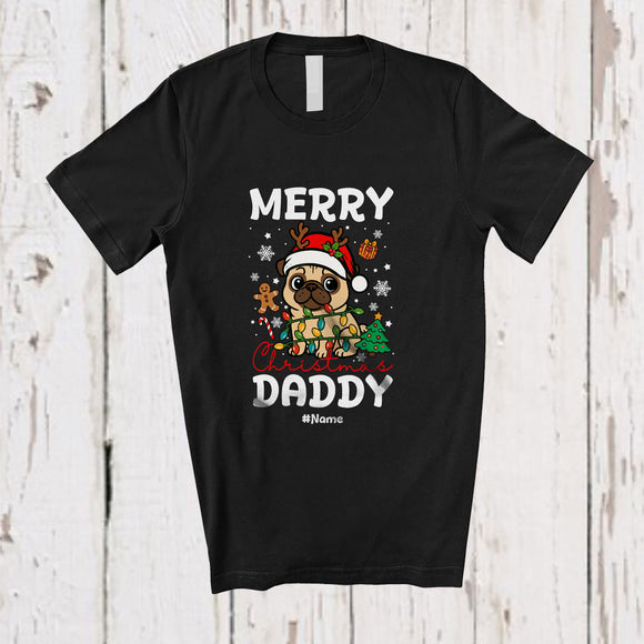 MacnyStore - Personalized Custom Name Merry Christmas Daddy; Lovely Lights Santa Pug Owner Family T-Shirt