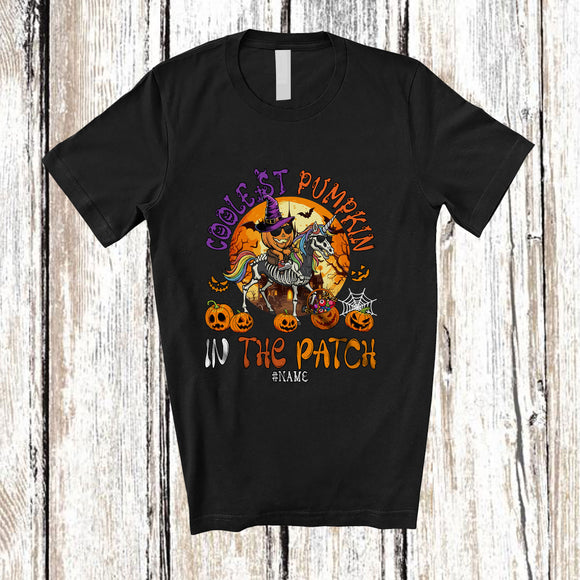 MacnyStore - Personalized Custom Name Coolest Pumpkin In Patch; Joyful Halloween Pumpkin Riding Skeleton Unicorn T-Shirt