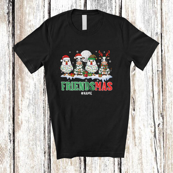 MacnyStore - Personalized Custom Name Friendsmas; Merry Christmas Lights Four Chicken Cow Farm Farmer T-Shirt
