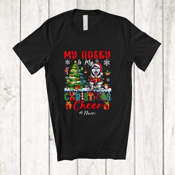 MacnyStore - Personalized Custom Name Husky Is My Christmas Cheer; Lovely Plaid Tree Lights Santa T-Shirt